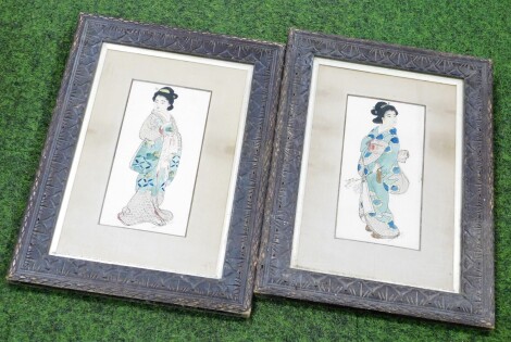 A pair of watercolour paintings, depicting Japanese geisha in kimono, signed Grace Johnson 1910, watercolour, in mahogany carved frames, 28cm x 13cm.