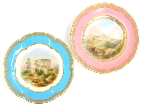 A pair of Victorian porcelain plates, each painted with an extensive Middle Eastern landscape titled Pharaoh's Bed and Jerusalem, (AF), possibly Minton, 24cm diameter.