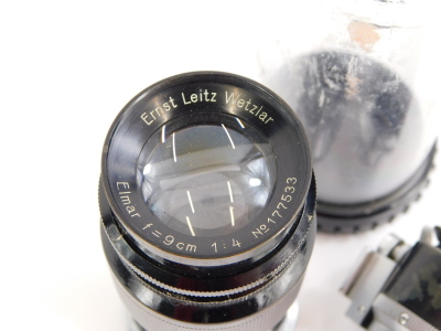 A Leitz 9cm f4 Elmar Telephoto lens, with screw fit, serial number 177533, with accessory viewfinder. - 2