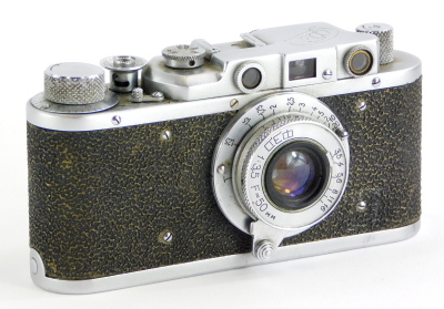 A 1947-53 Fed If camera, a Russian copy of the Leica II, fitted with a Fed 50mm f3.5 lens.