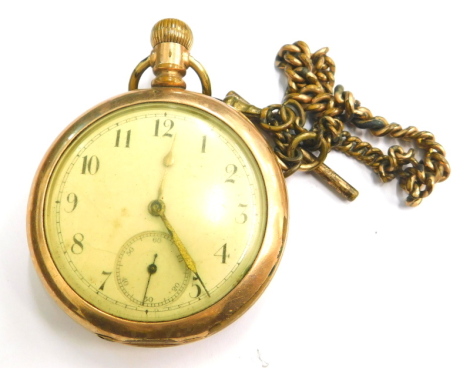 A CWC Company gold plated pocket watch, with a white enamel dial, second style bezel wind, and associated watch chain, stamped 730327.