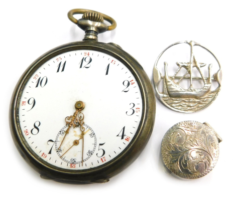 Various silver and other jewellery and effects, to include silver ships brooch by Tony Michael Holland, Edinburgh 1992, a small pill box stamped 925 and a continental silver pocket watch, stamped 800 and bearing signature Remantoir, (3).