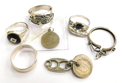 A group of various silver and other jewellery, to include a silver pendant frame, four various dress rings, various coins, etc. (a quantity)