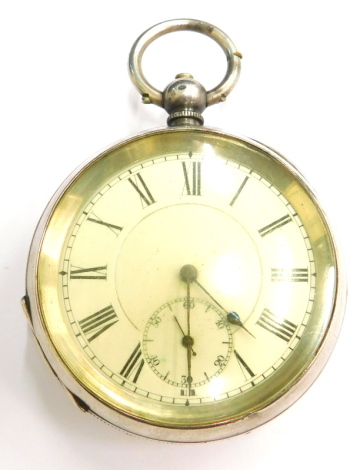 A continental silver pocket watch, with white enamel dial, stamped 925, F & S.B, possibly for Fattorini and Sons, Bradford.