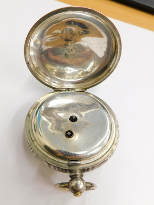 A continental silver pocket watch, with white enamel dial, stamped 925, F & S.B, possibly for Fattorini and Sons, Bradford. - 2