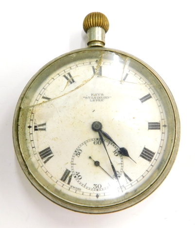 A silver plated pocket watch, the enamel dial stamped Kays Standard Lever. (AF)