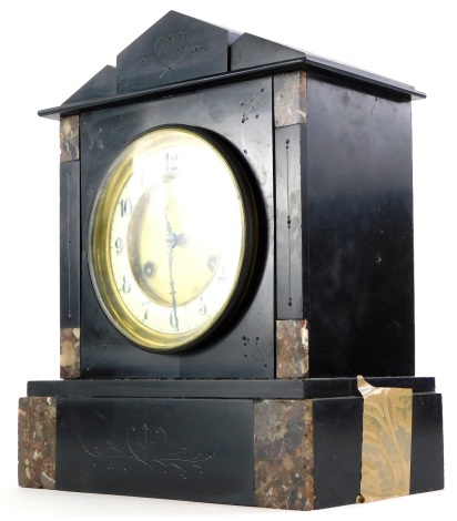 A late 19th/early 20thC French black slate and marble mantel clock, with enamel style dial, 31cm high.