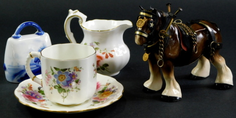 Miscellaneous ceramics, to include Royal Crown Derby Posies cup, saucer and jug, a porcelain Delft style cow bell and a small ceramic shire horse. (5)