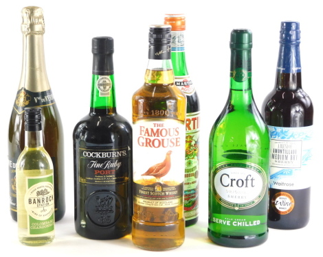 A collection of spirits, to include Famous Grouse Whisky, Cockburns Ruby Port, etc.