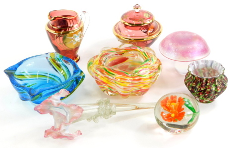 A quantity of coloured glass, etc., to include an English glass iridescent mushroom, a Bohemian glass covered sugar bowl and milk jug, mottled glass bowl, etc.