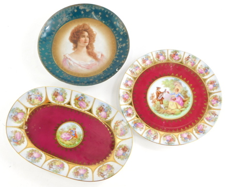 A continental Vienna style plate, decorated with a portrait of a lady, printed with a name Vettori (AF), a Bavarian plate and a meat dish. (3)