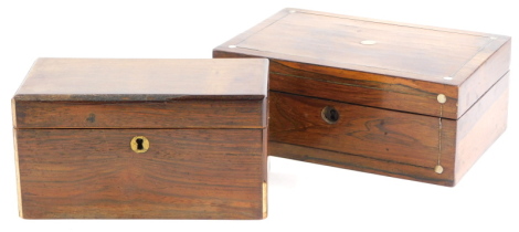 A 19thC rosewood tea caddy, (AF), 21cm wide and a rosewood workbox. (AF) (2)