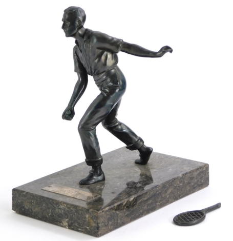 Mid 20thC School. A bronzed spelter figure of a tennis player, on rectangular marble base, inscribed First Prize 131 Infantry Brigade, Berlin, August 1945, (racket AF), 18cm wide.