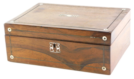 A Victorian rosewood pewter and mother of pearl inlaid workbox, 28cm high. (AF)