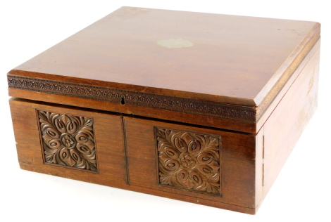 An early 20thC walnut canteen for cutlery, the square top with presentation plaque presented to Mr A E Stokes, by The Cardiff and Newport Staff of Messrs Walls, Walls & Co on the occasion of his marriage May 22nd 1901, with vacant fitted interior, 42cm wi