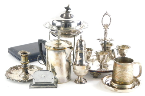 A quantity of silver plate, to include a muffin dish on stand with burner, an egg cruet, incomplete, etc.