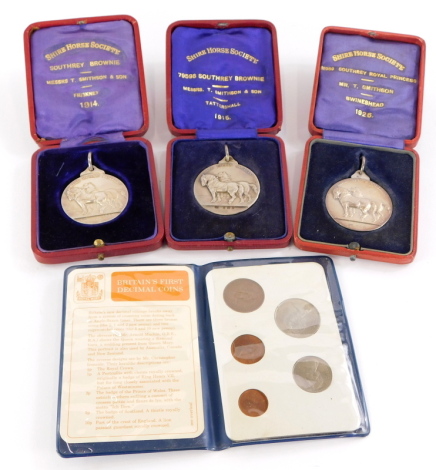 Three Shire Horse Society medals, awarded to a Southrey Bronnie, belonging to a Messrs T Smithson and Son, Friskney 1914, another similar awarded to the same horse at Tattershall 1915, a medal awarded to Southrey Royal Princess, belonging to the same at S