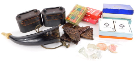 Miscellaneous items, to include two Leicester Co-operative Society money boxes, packs of playing cards, two Co-op tokens, a horn, glass stoppers, etc.