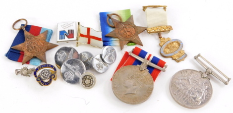 A collection of WWII medals, to include the Atlantic Star with ribbon, the 1939-45 Star, the War Medal, the Defence Medal, various other medals and related items to include RAF buttons, a thistle brooch, England pin, British Legion badge and a Royal Colle