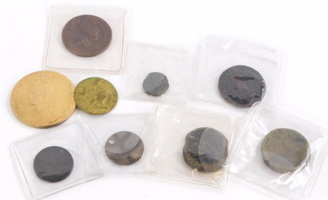 Various unusual coins, to include a gold plated Victoria 1892 crown, a George III Spade Guinea type token, other tokens, Roman Alexandra Follis coin, another Roman coin for Augustus, an Eagle weight, etc.