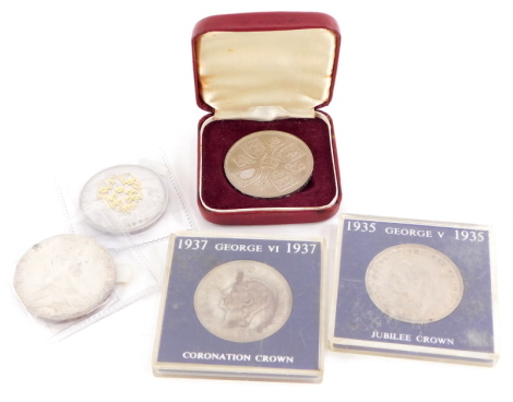 A collection of commemorative and other coins, to include a silver Maria Theresa Thaler dated 1780, a 1893 Victoria Crown, a Coronation Crown from 1937, Jubilee Crown 1935 and a five shilling coin for 1943. (5)