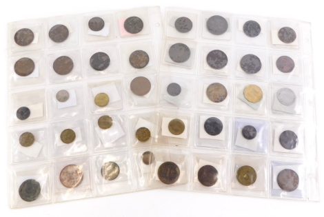 Two folders of various coins, tokens, etc., to include 1902 halfpenny low tide, a 1789 Irish Mint halfpenny, etc.