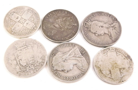 Two Victorian silver florins, 1853 and 1873, three Victorian half crowns 1849, 1892, 1898 and an 1879 Indian rupee, approximatley 72g.