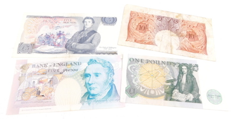 A small collection of banknotes, to include two five pound notes, one pound and a ten shilling note.