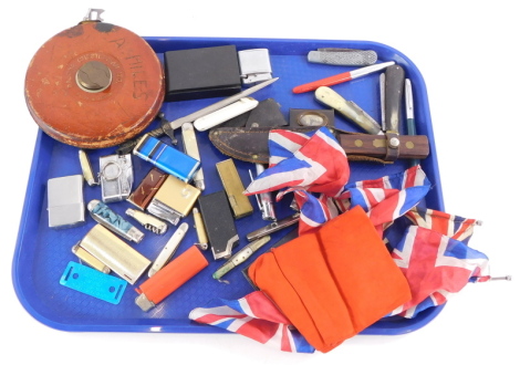 A quantity of collectables, to include penknives with horn handles, various lighters, a Royal commemorative Vesta case, a Rabone Chesterman Limited tape measure etc.