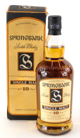 A bottle of Springbank single malt whisky, 10 years, boxed.