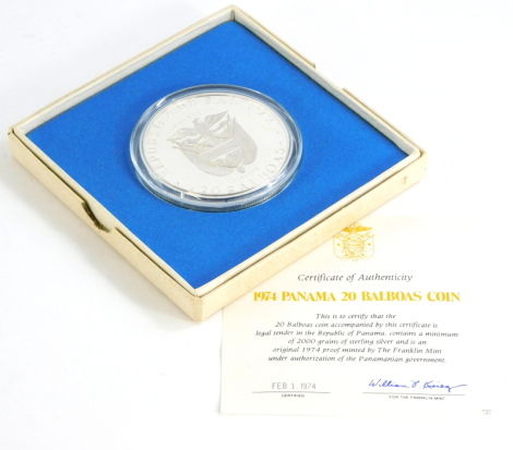 A 1974 Panama twenty balboa sterling silver proof coin minted by the Franklin Mint, with certificate.