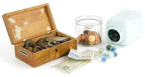 Miscellaneous British and foreign coins, Bank of China Foreign Exchange Certificates, marbles etc.