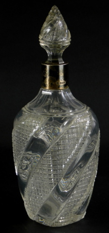 A late Victorian cut glass decanter and stopper, with silver collar, Sheffield 1895.