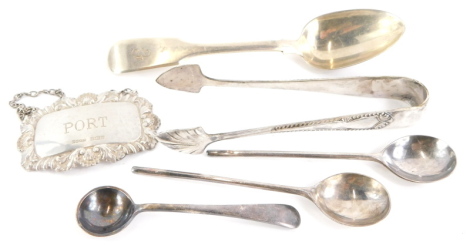 An Elizabeth II silver port decanter label, and a silver fiddle pattern spoon, etc.