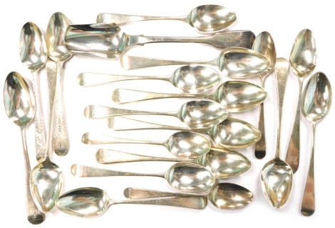 A collection of 19thC silver Old English pattern teaspoons, various dates, engraved with initials, 7¾oz.