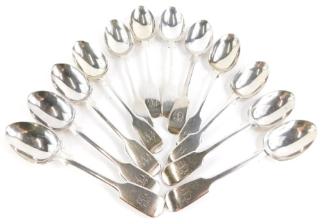 A set of twelve Victorian silver Fiddle pattern teaspoons, London 1870, 7oz.