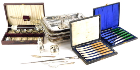 A quantity of silver plated items, to include a pair of entree dishes and covers, each with a dragooned border, sets of cutlery, a meat skewer, etc.