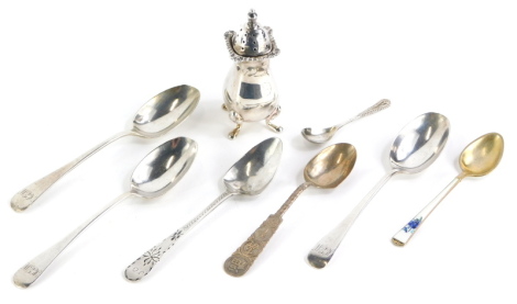 A collection of silver and white metal spoons, to include a Norwegian example with enamel decoration stamped Sterling, a Chinese spoon, white metal spoon with makers mark, etc., 2½oz.