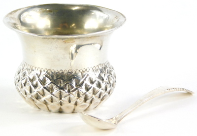 A Victorian small silver thistle shaped salt and spoon, the salt Chester 1898, 1oz overall.