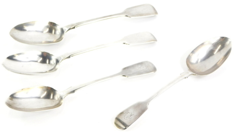 Two pairs of 19thC silver Fiddle pattern serving spoons, London 1856 and 1873 respectively, 8¼oz.