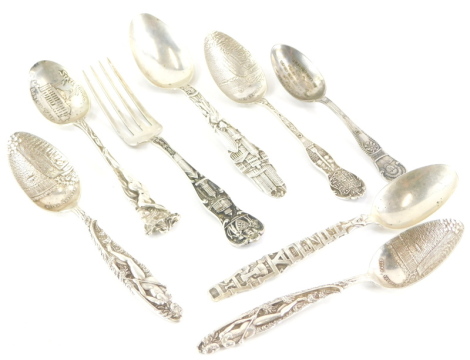 A collection of American silver and silver plated souvenir spoons, some stamped Sterling or 925, weighable silver 5½oz.