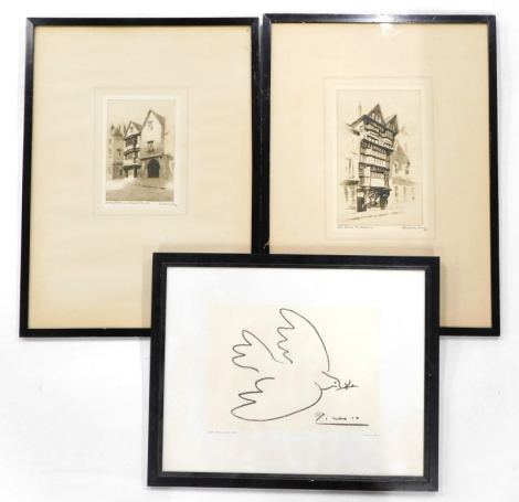 E.J Maybury. Old Houses, Tewkesbury, and St Bartholomew's Hospital Bristol, artist signed etchings, 22cm x 14cm, and a print after Picasso, The Dove of Peace (3).