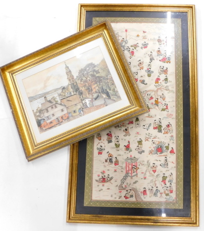 An oriental silk picture, decorated with children playing etc., within a geometric border, 86cm x 41cm, and a print signed W Baldwin.