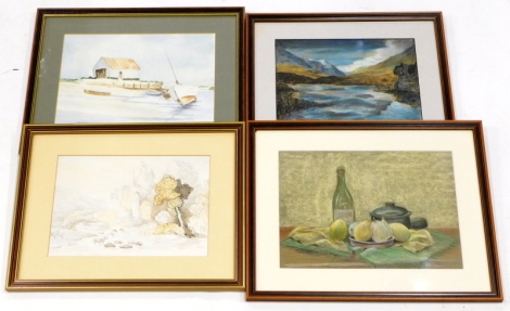 20thC School. Cattle watering, watercolour and other pictures to include still life, a rugged landscape, and a watercolour coastal scene.