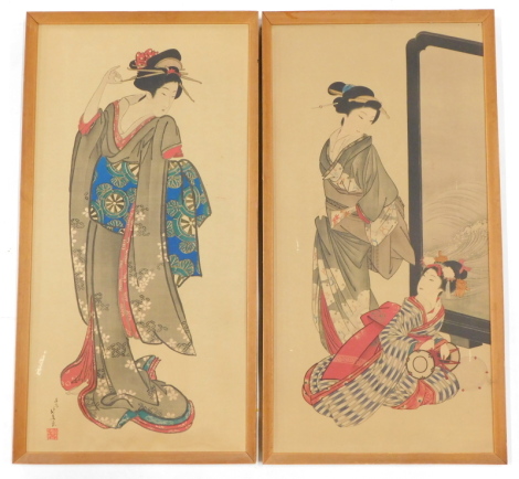 19thC Oriental School. Geisha, a pair of coloured prints, 83cm x 42cm.