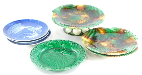 Three items of 19thC Wedgwood mottled green dessert ware, each modelled with shells, impress marks to underside (AF), three Danish Christmas plates, and another leaf moulded plate. (8)