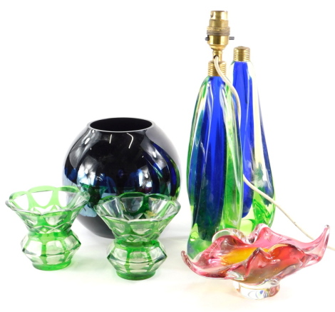 A pair of Czech Bohemian style studio glass lamp bases, 29cm high, an art glass gobular vase, engraved CISCH, a pair of green flash vases, and a pink and amber tinted dish. (6)