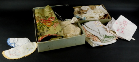 Miscellaneous items, to include textiles, bone knitting needles, embroidery, etc.