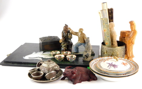 A quantity of oriental items, to include fans, resin figures, a tea set with silver coloured metal embellishment, etc.