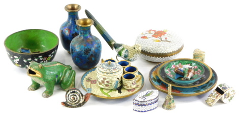 A quantity of modern oriental cloisonne items, etc., to include a frog, birds, bowls, miniature tea sets, etc.